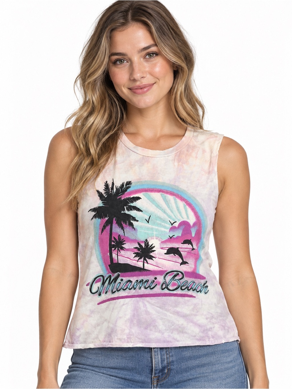 Forever 21 Pastel Tie-Dye Miami Beach Graphic Tank - Pink & Teal